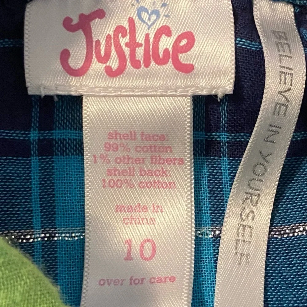 Justice Size 10 Girls Plaid Shirt Dress- Green And Navy Blue